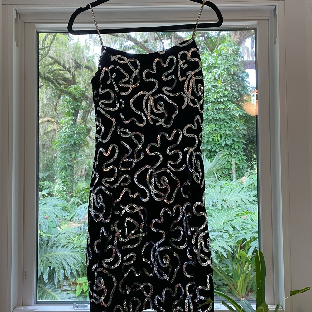 Black velvet sequence dress with rhinestone straps, size 8 fitted.